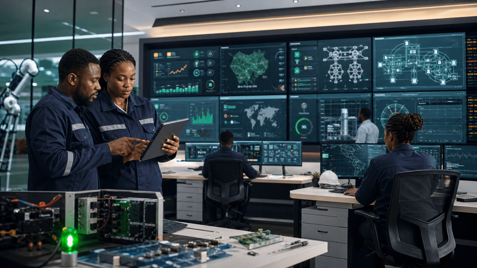 Industrial control room with software dashboards and engineering workstations